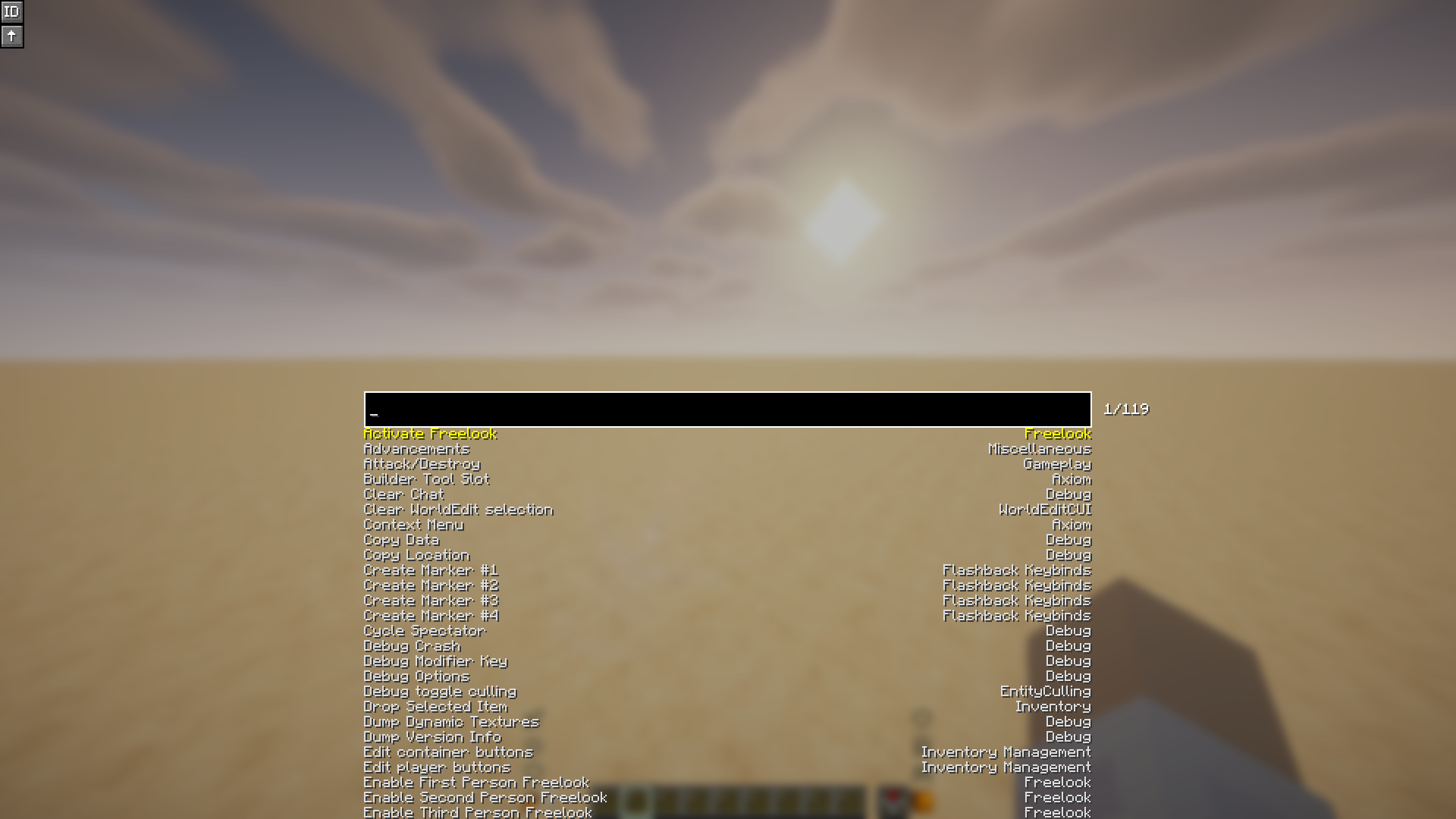 The keybind search screen