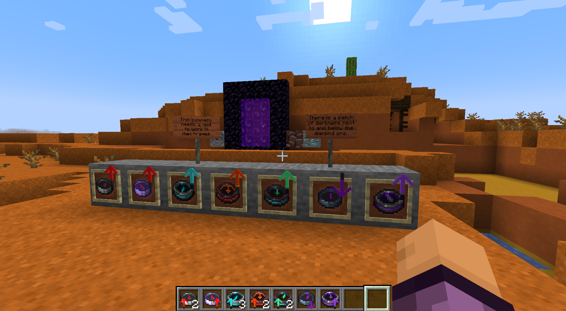 From left to right, Compass, Lodestone Compass, Recovery Compass (doesn't work in frames*), Netherite Compass, Miner's Compass, Dark Compass, and Portal Linking Compass. 

*Works in frames in v2.1.0 if you have another mod installed.