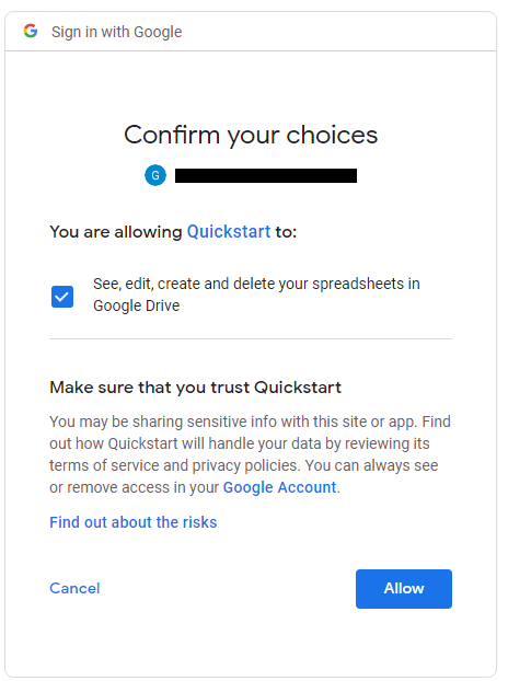 Confirm permission for Quickstart