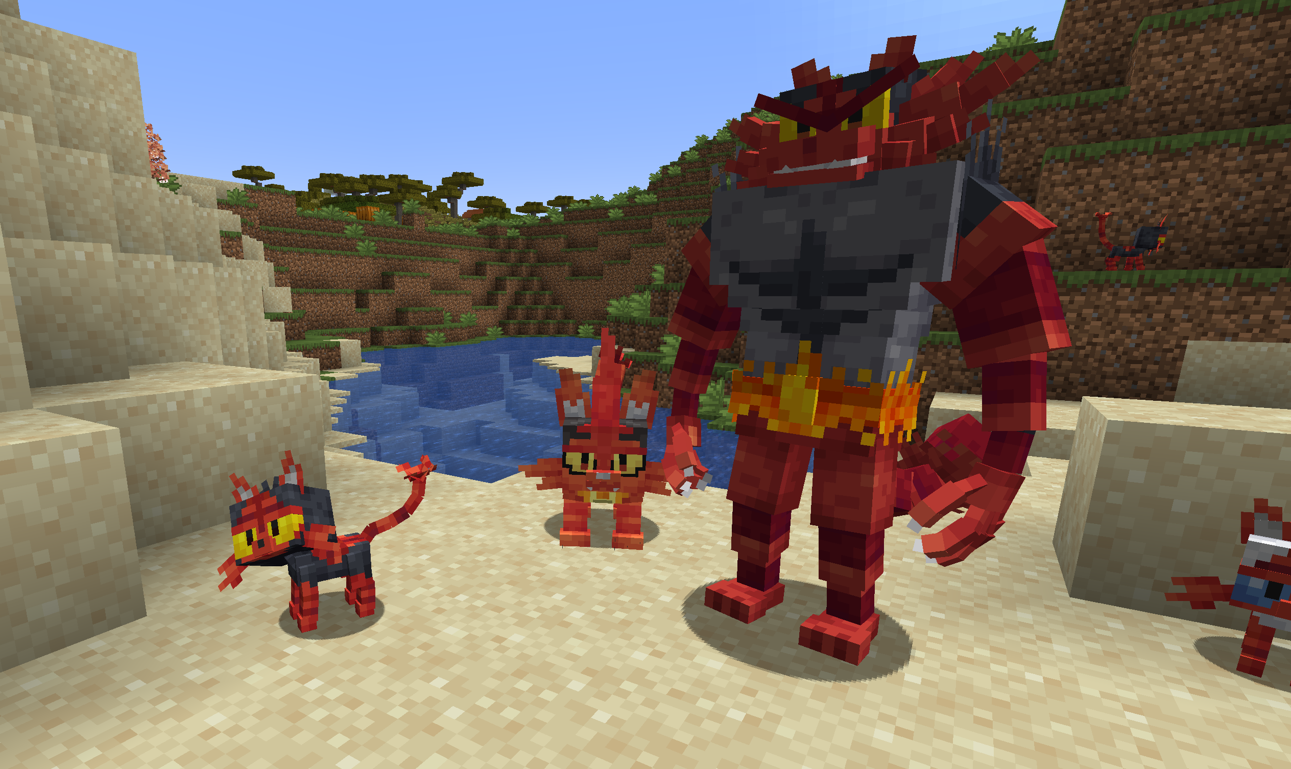 The entre litten evolution line standing together, staring down the player as cats do. At he edge of the screen is part of a shiny burnt point litten.
