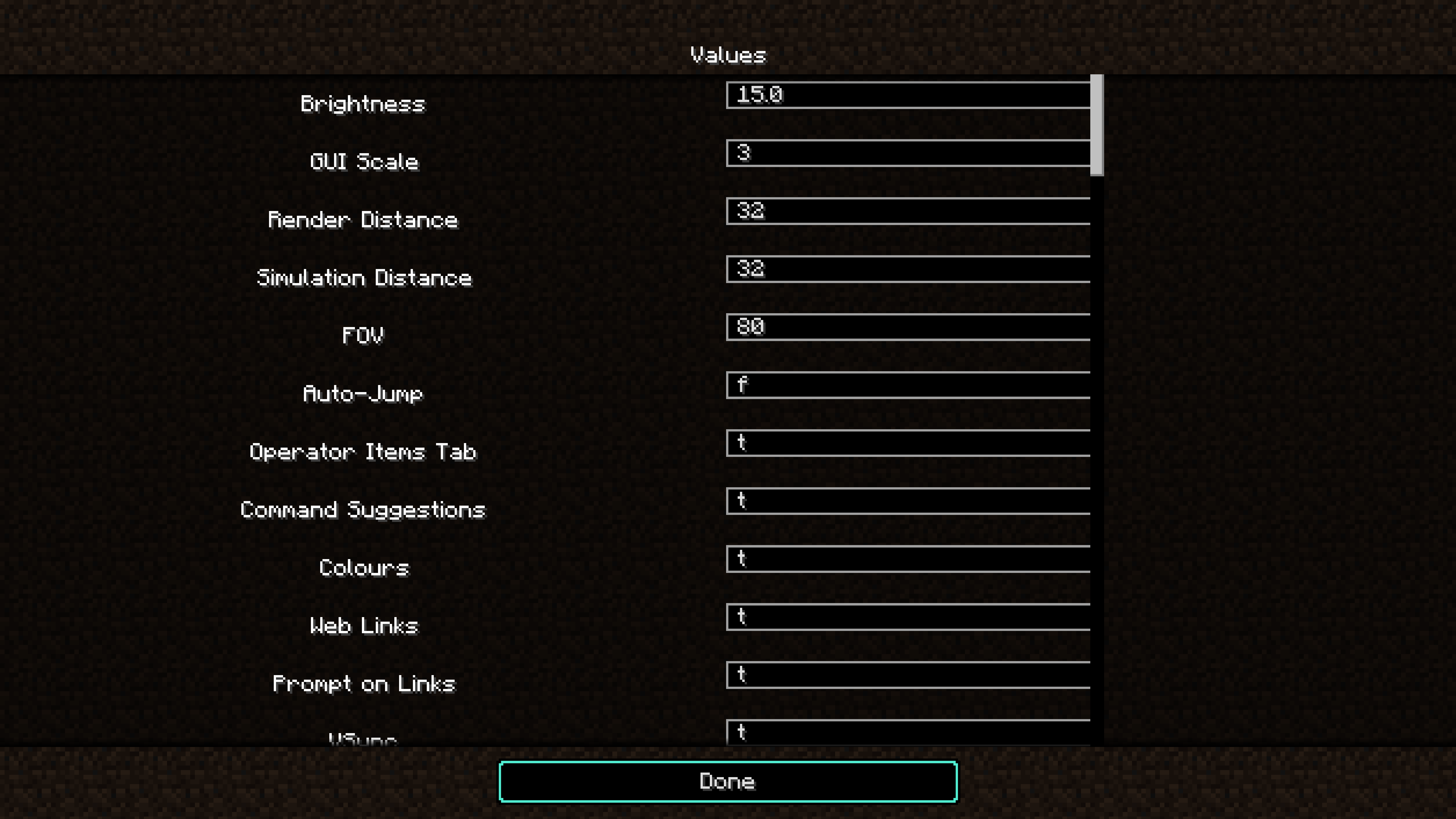 A menu to set the values for options individually.