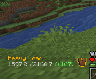 Example of HUD with all options enabled. Current encumberance level, total weight, and weight reductions from armor. 