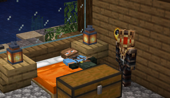 A player sleeps while another player idles next to the bed