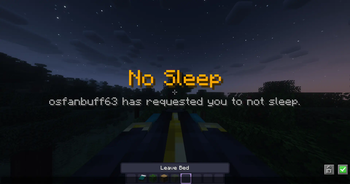 The title that shows when you try to sleep, which reads "No Sleep; osfanbuff63 has requested you to not sleep". The player name adjusts automatically!