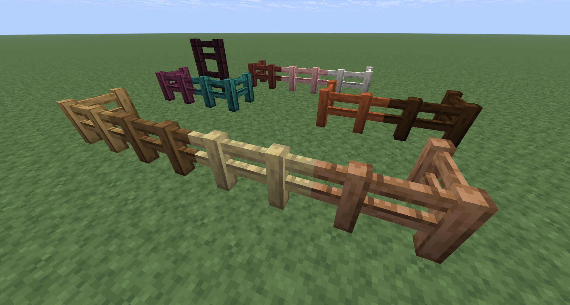 All of the vanilla fences that this pack affects, excluding bamboo and fence gates.