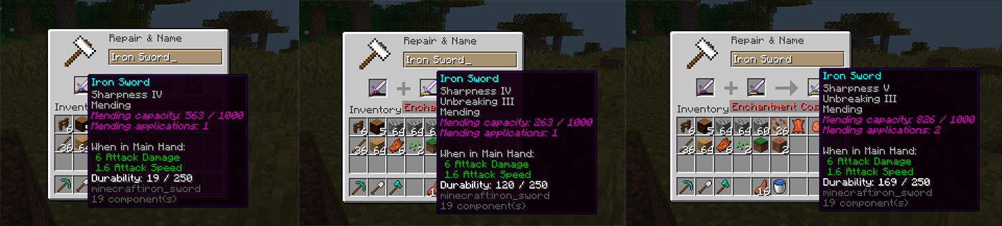 Combining Mending items merges their remaining repair capacity and updates the application count.