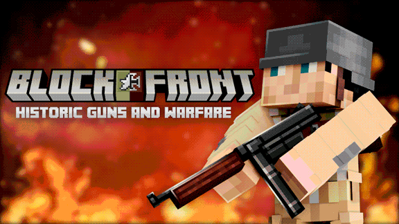 The BlockFront Logo is next to a Minecraft-styled US Soldier holding a Thompson. Underneath the logo reads 'History Guns & Warfare'.