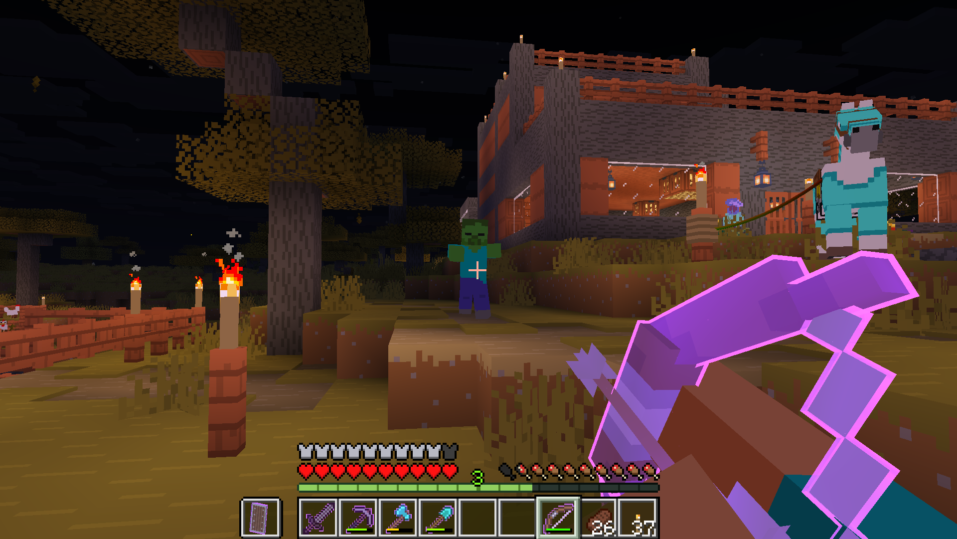 Player aiming an enchanted bow at a zombie outside of a base