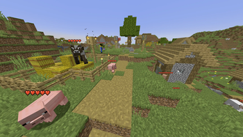 A group of passive animals, a player, Iron Golem, a villager, with a Health Bar displaying their health above them.