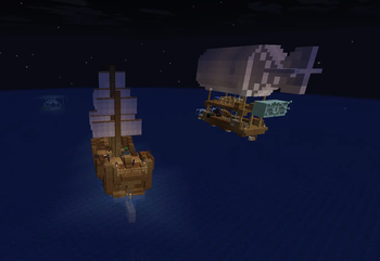 Sailing ship and Airship at night