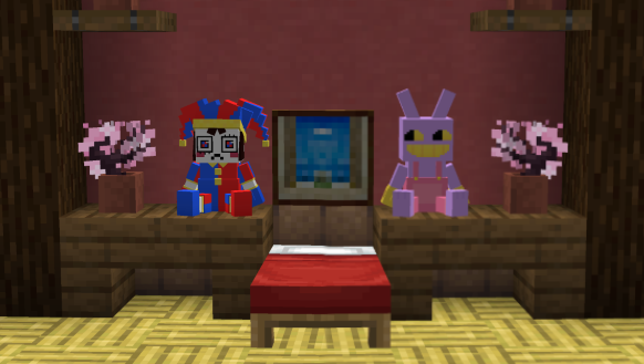 Stitched together Image of both Pomni and Jax Plushies in the same bedroom