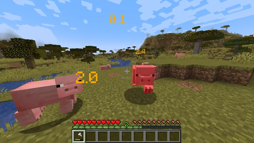 Shows a player with Damage Numbers attacking a pig.