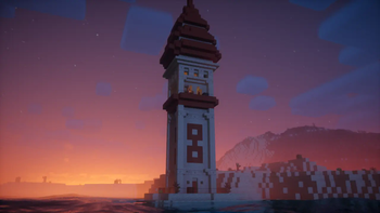 A sandstone tower inspired by Arabian fortified towers, corssed with a Minecraft desert temple.