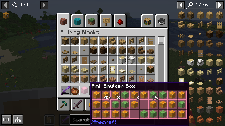 A screenshot showing Inspecio's shulker box tooltips now showing a 10x3 inventory, as well as EMI being fully compatible. (Not visible: EMI's crafting working with the mod) 