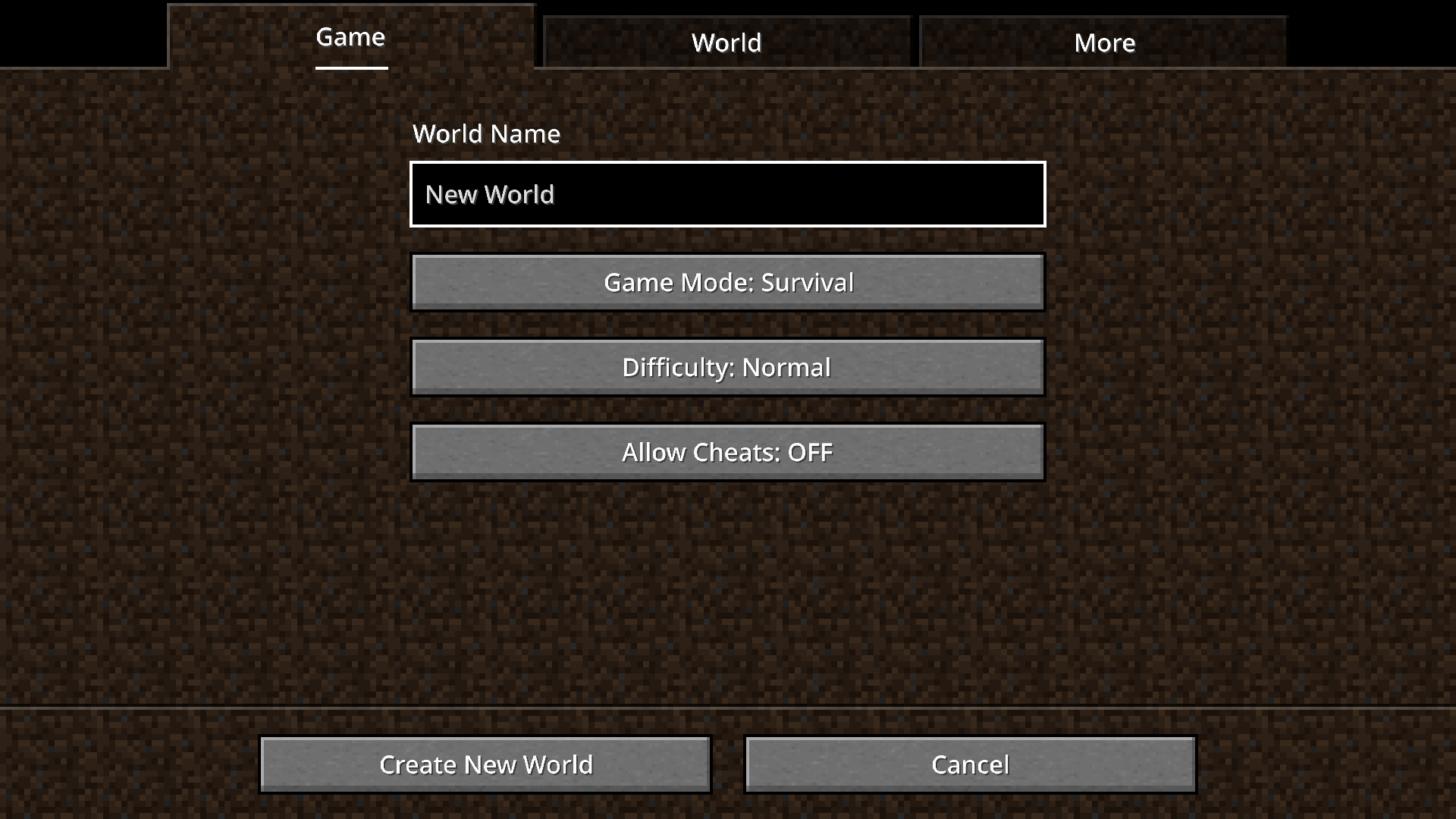 Create New World Screen