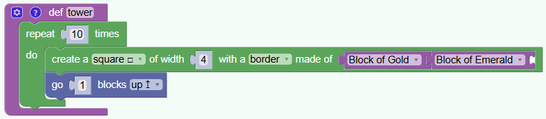 Block code to Create a simple tower