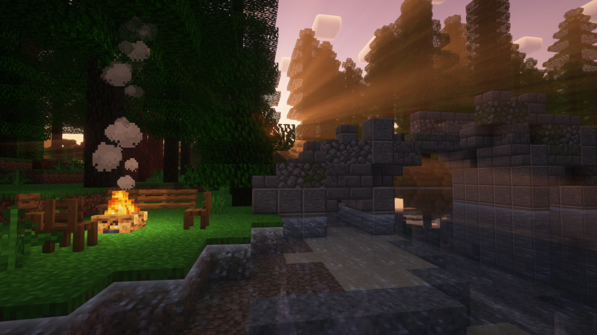 A nice little campfire with some chairs and a bench next to a procedurally generated old bridge