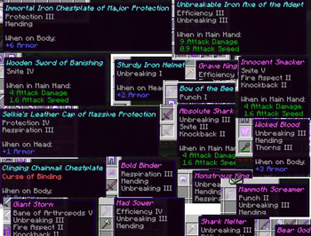 The name_enchanted_item function provided by this mod generates names for items based on their enchantments. Additional names and words can be added via datapacks and resource packs.