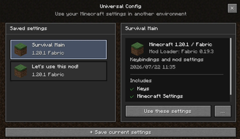 Universal Config profile selection screen