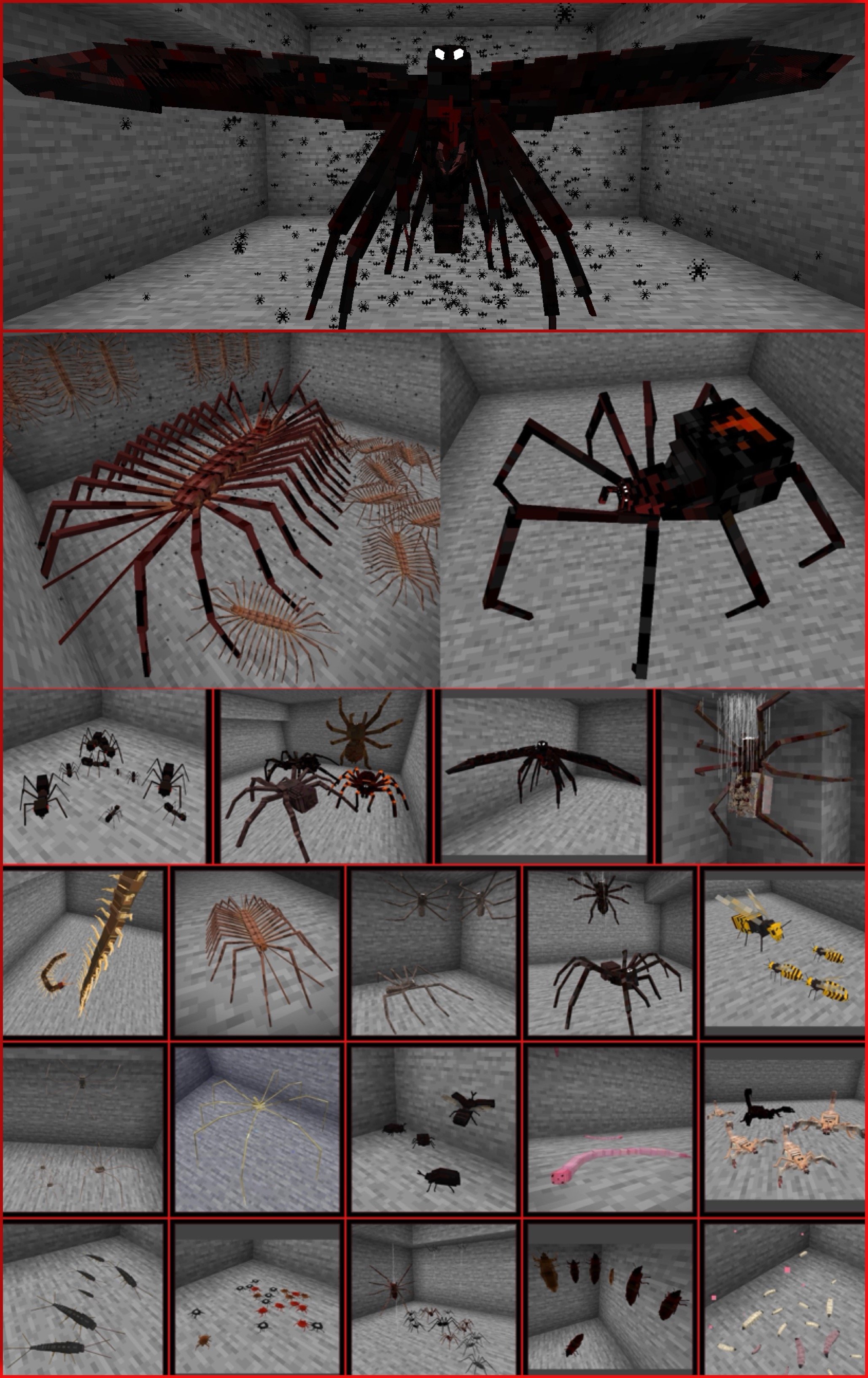 Spider Moth at the top, minibosses second row, and other arthropods below.