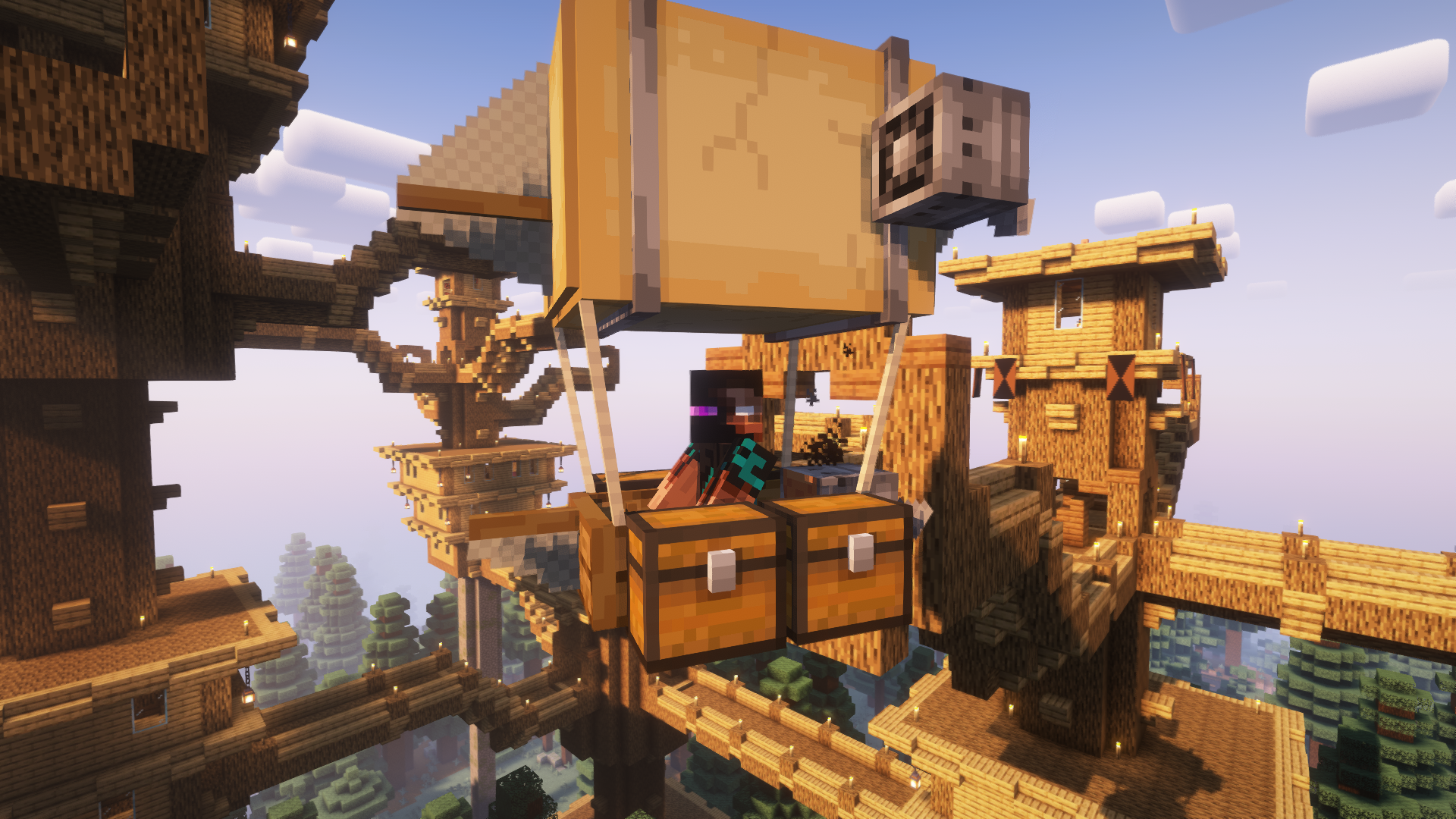 Creator Flying in and airship, with a "city" in the background