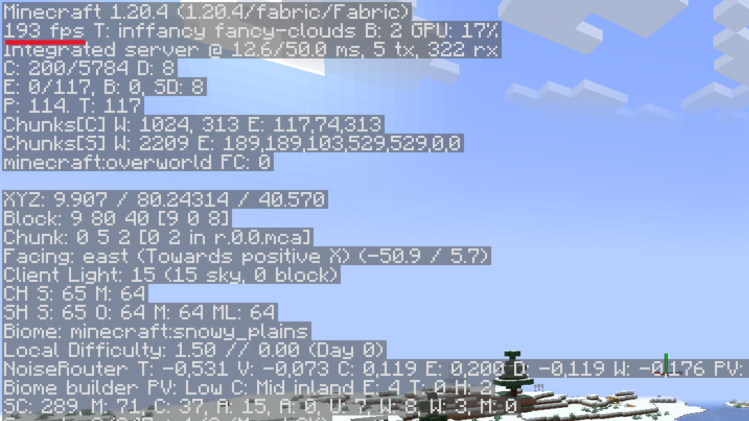 Example performance. Taken on my laptop on a freshly generated world, FPS set to Unlimited, VSync off.