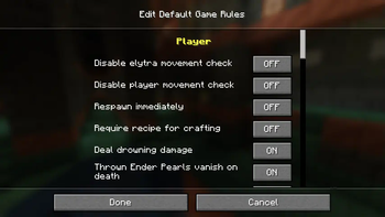 The Edit Default Game Rules screen. It is almost identical to Vanilla's Game Rules screen.