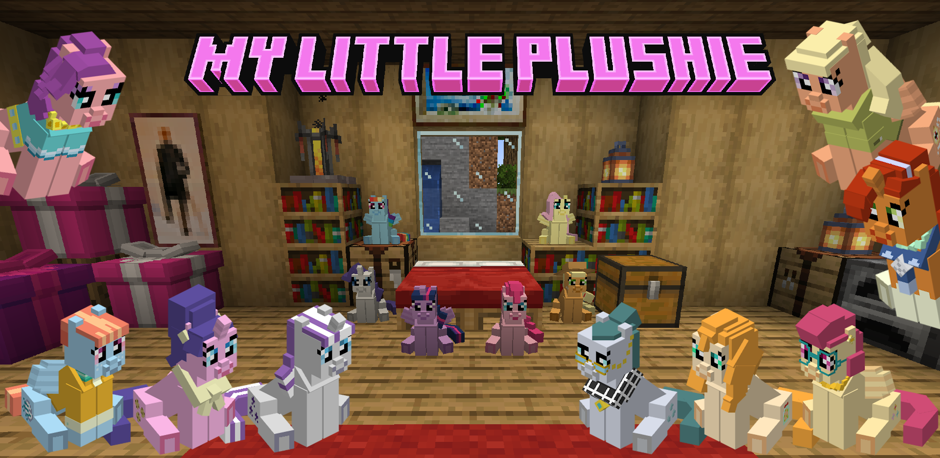 A room with a red double-bed at the center is surrounded by plushies, from left to right: Rainbow Dash, Rarity, Twilight Sparkle, Pinkie Pie, Applejack, and Fluttershy. Above is a large, pink "MY LITTLE PLUSHIE" logo.
