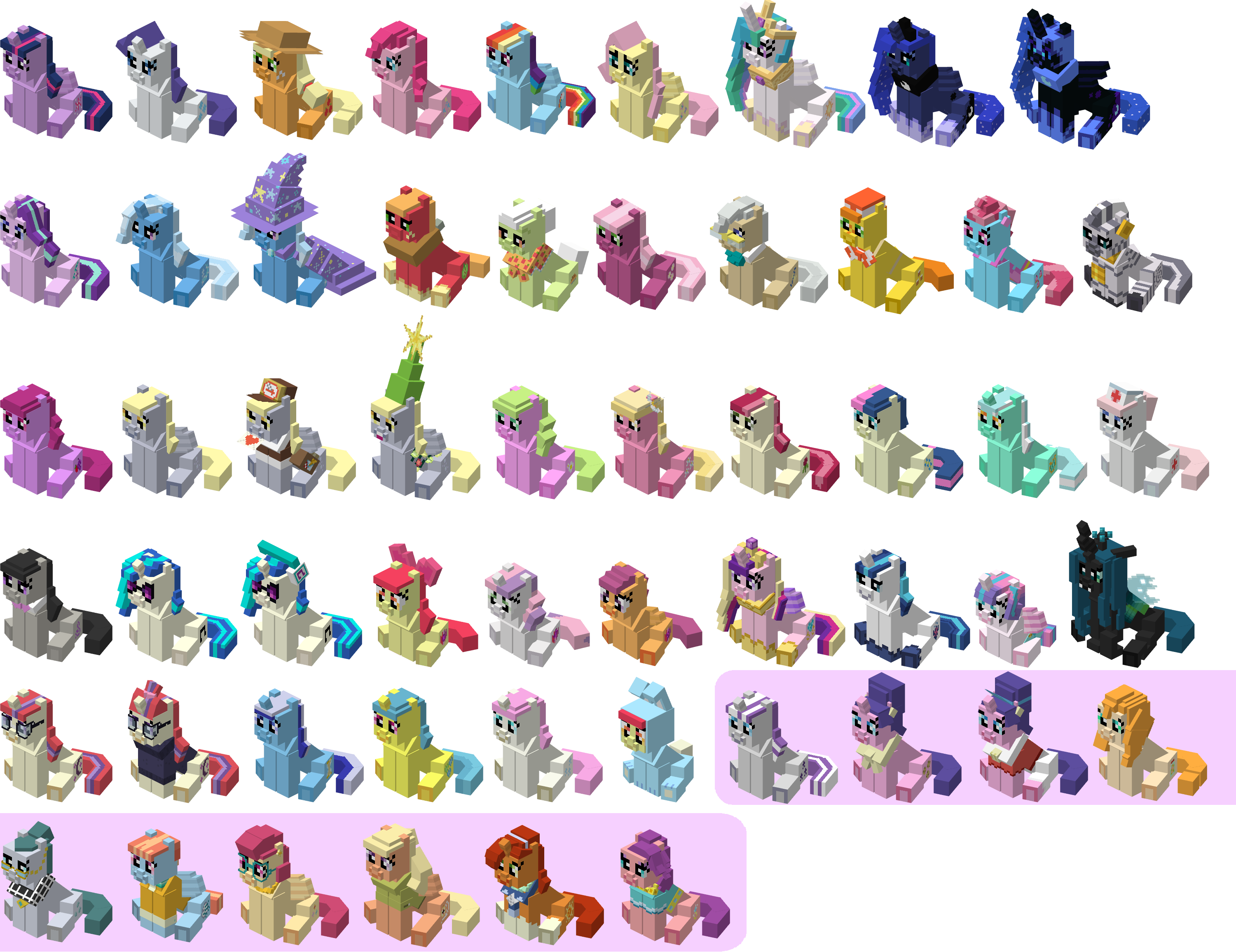 A huge collection of the available plushies in the mod organized in rows.