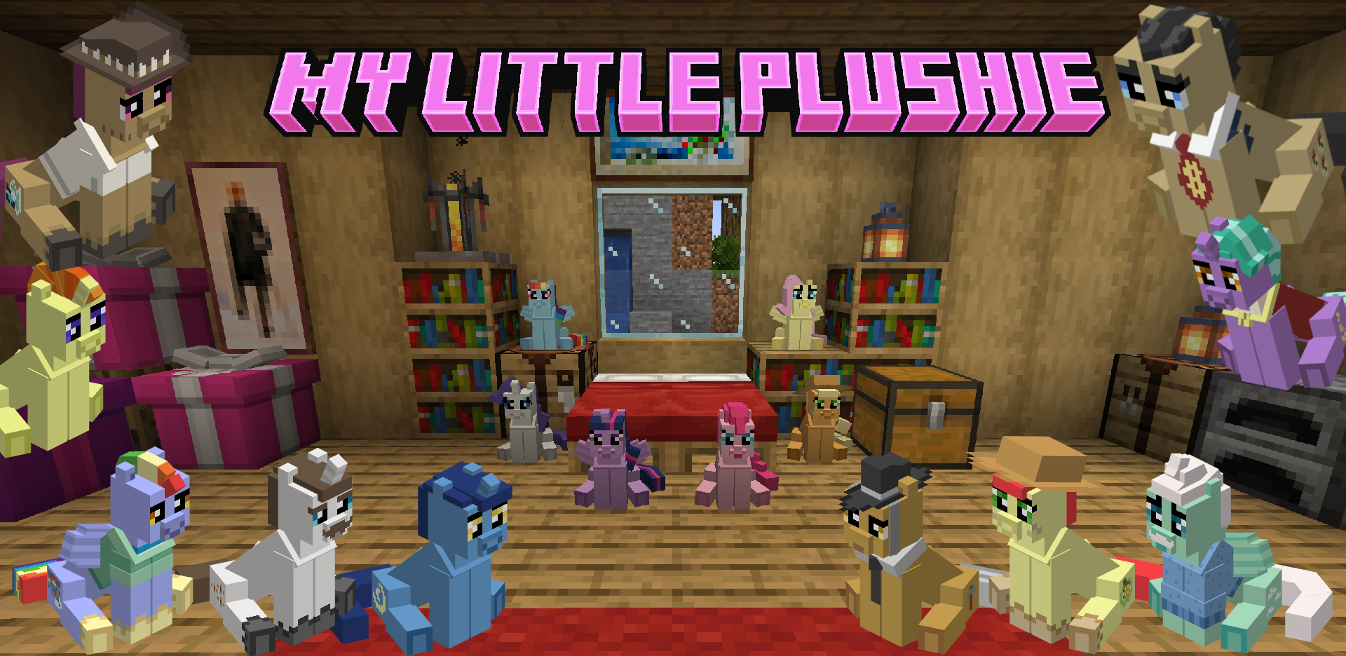 A room with a red double-bed at the center is surrounded by plushies, from left to right: Rainbow Dash, Rarity, Twilight Sparkle, Pinkie Pie, Applejack, and Fluttershy. Above is a large, pink "MY LITTLE PLUSHIE" logo.