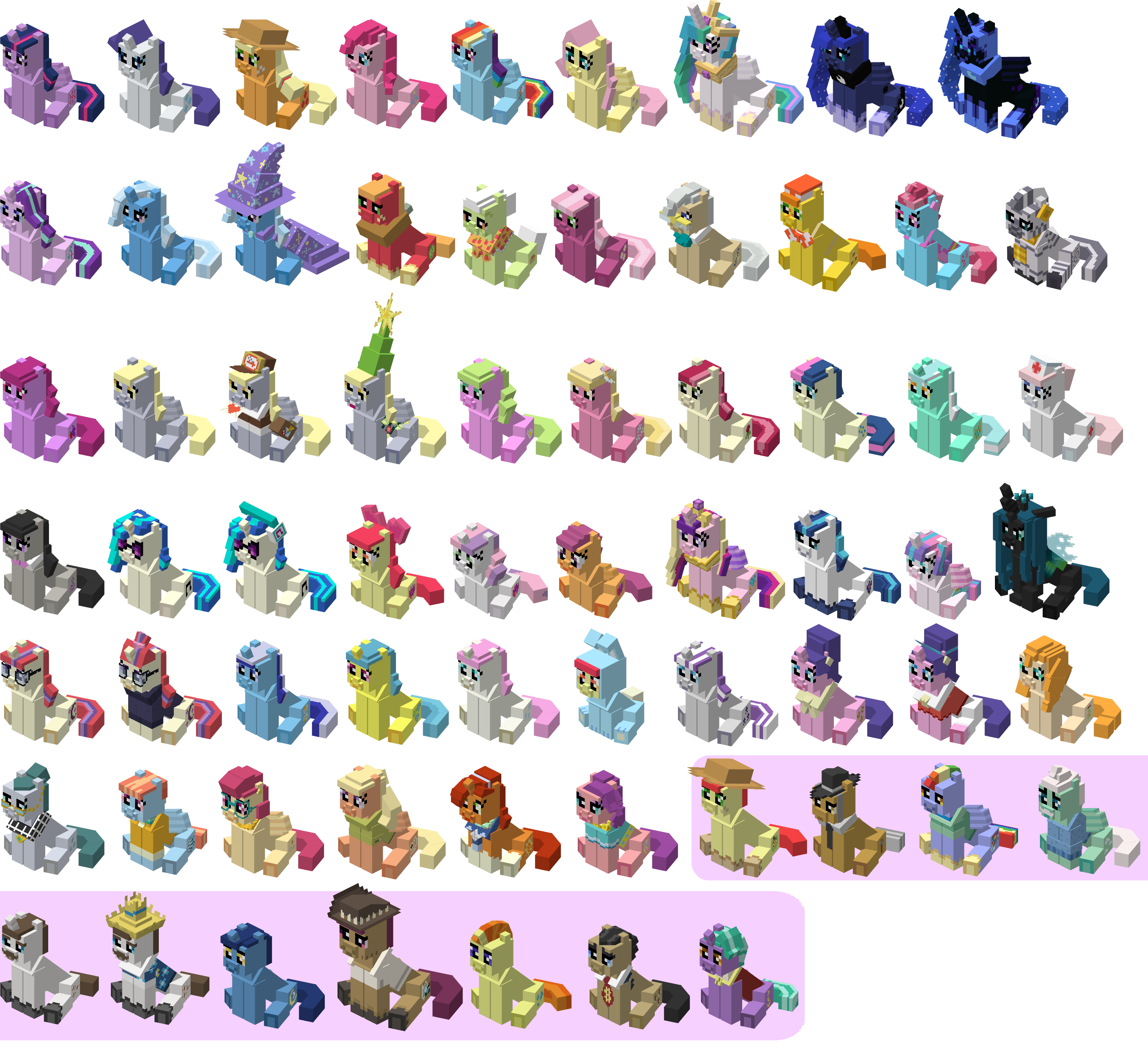 A huge collection of the available plushies in the mod organized in rows.
