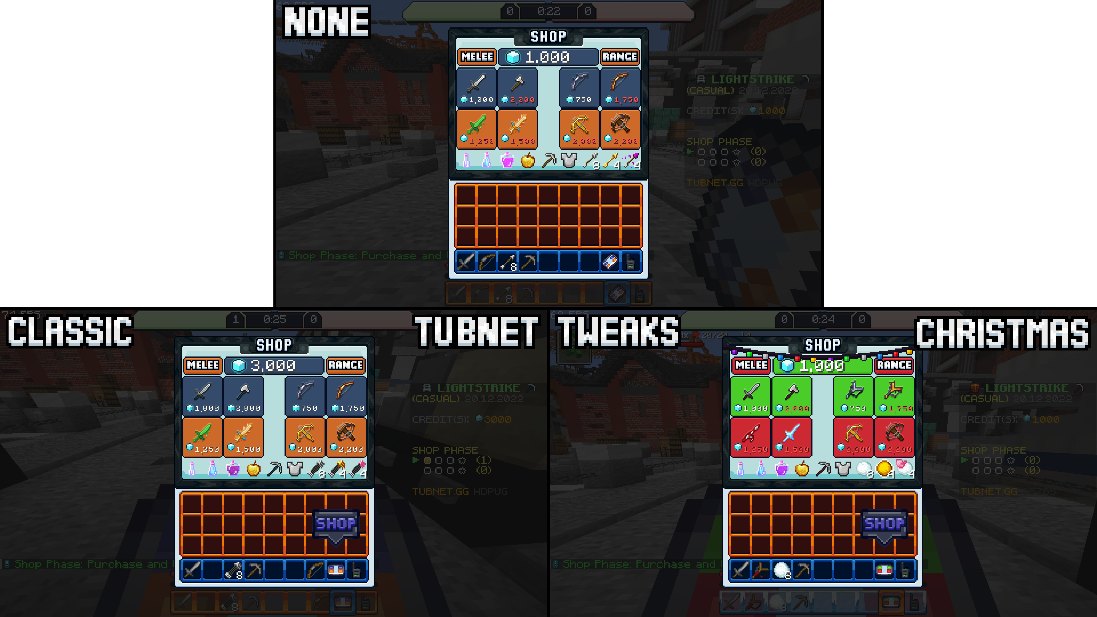 A comparison shot between the base resource pack, Classic Tubnet Tweaks, and Christmas Tubnet Tweaks