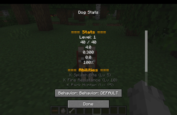 The dog stats menu