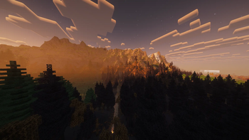 Sunset Dark Forest with Mountain Background