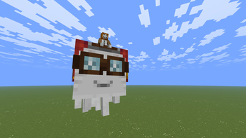 A player riding an "old" Happy Ghast wearing a red harness.