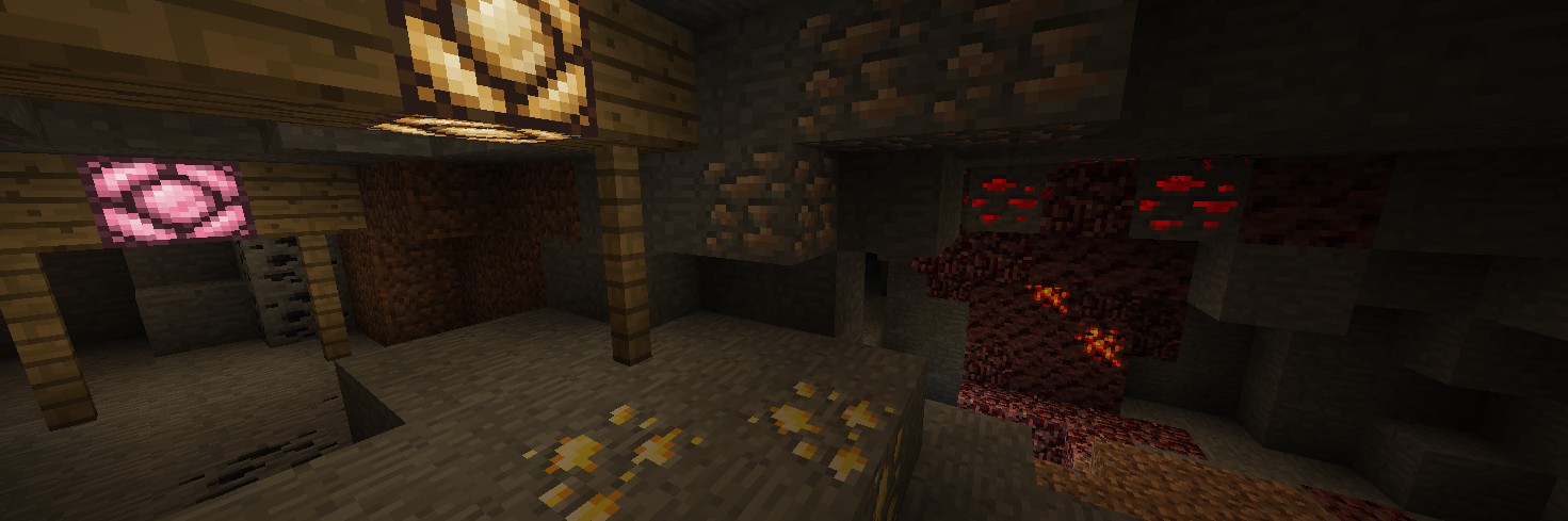 Various ores in a cave along some lamps, showcasing some of the pack's textures.
