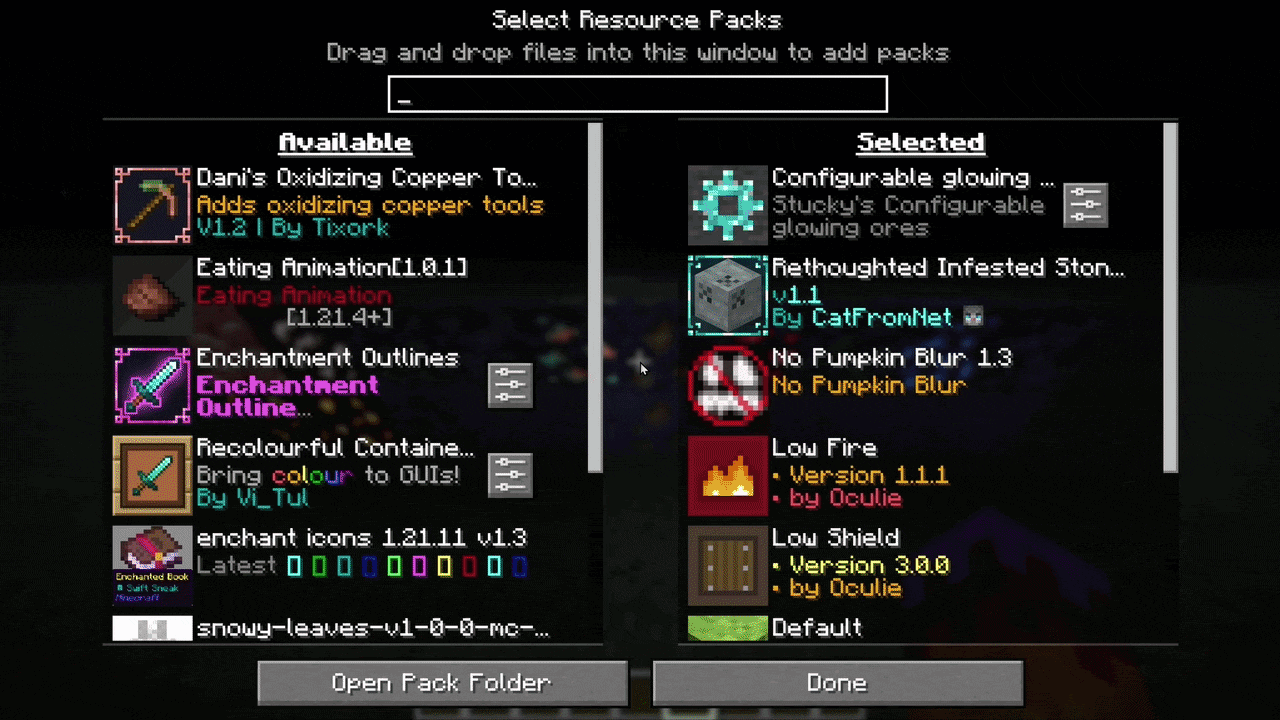 menu of the respackopts configuration screen with the glowing ores in the background