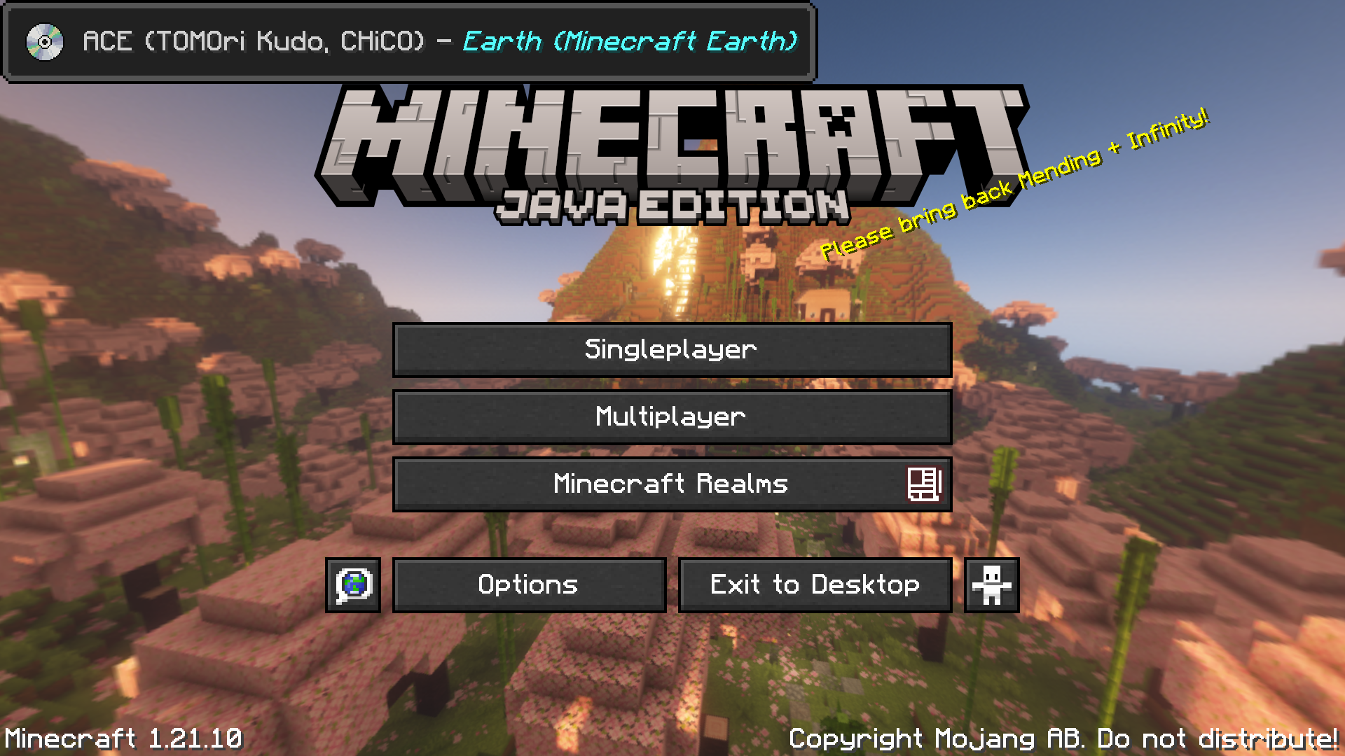 Minecraft title screen. It shows a custom music toast in the top left, reading, "ACE (TOMOri Kudo, CHiCO) - Earth (Minecraft Earth)".