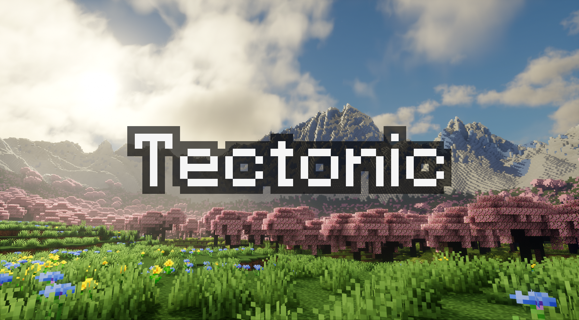 Tectonic title text with a cherry grove and massive mountain range in the background
