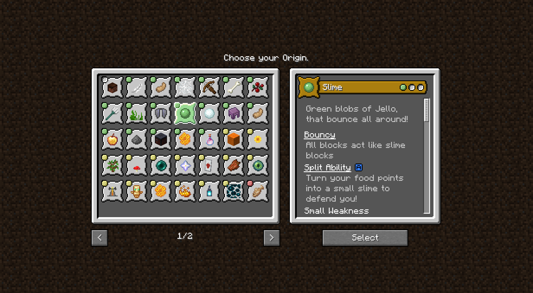 New Origins GUI, showing a array of origins, with two pages