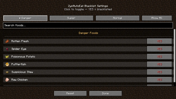 Danger Foods Blacklist Settings