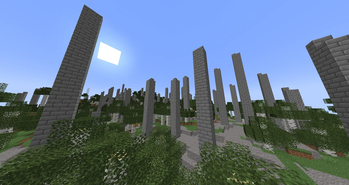 Ruins blending through a birch forest