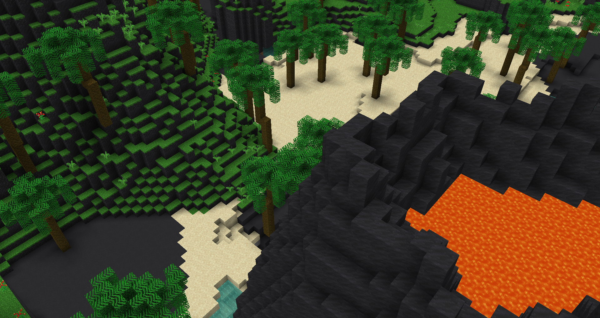 An image looking down into one of the volcanos on our Volcanic Island Biome
