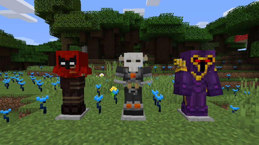 The three armor sets, Thief, Tribal, and Scale, surrounded by a bunch of hexbiscus flowers.