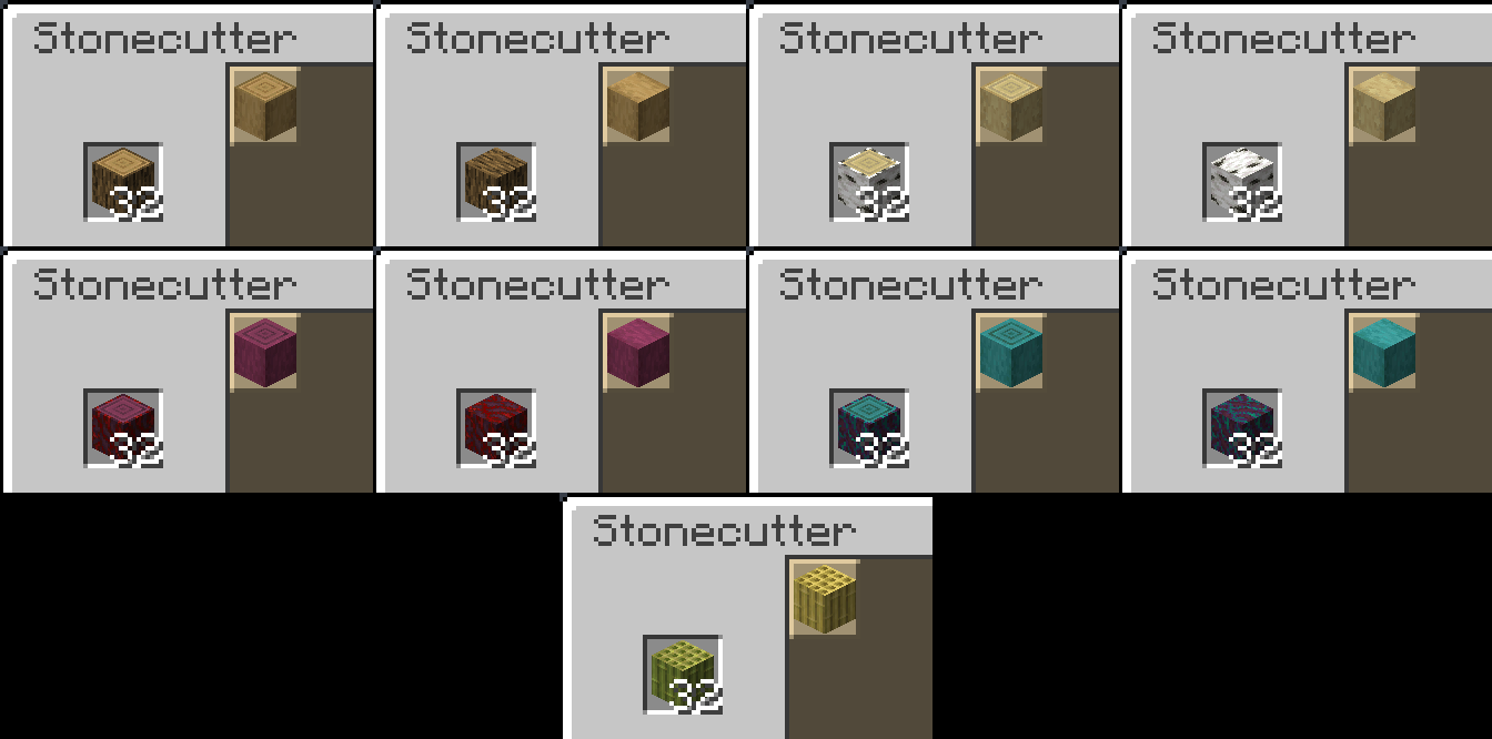Shows different logs being stripped from within the stonecutter, as well as full cube wood variants and bamboo.