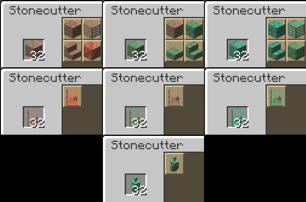 Shows different copper blocks being de-oxidized from within the stonecutter