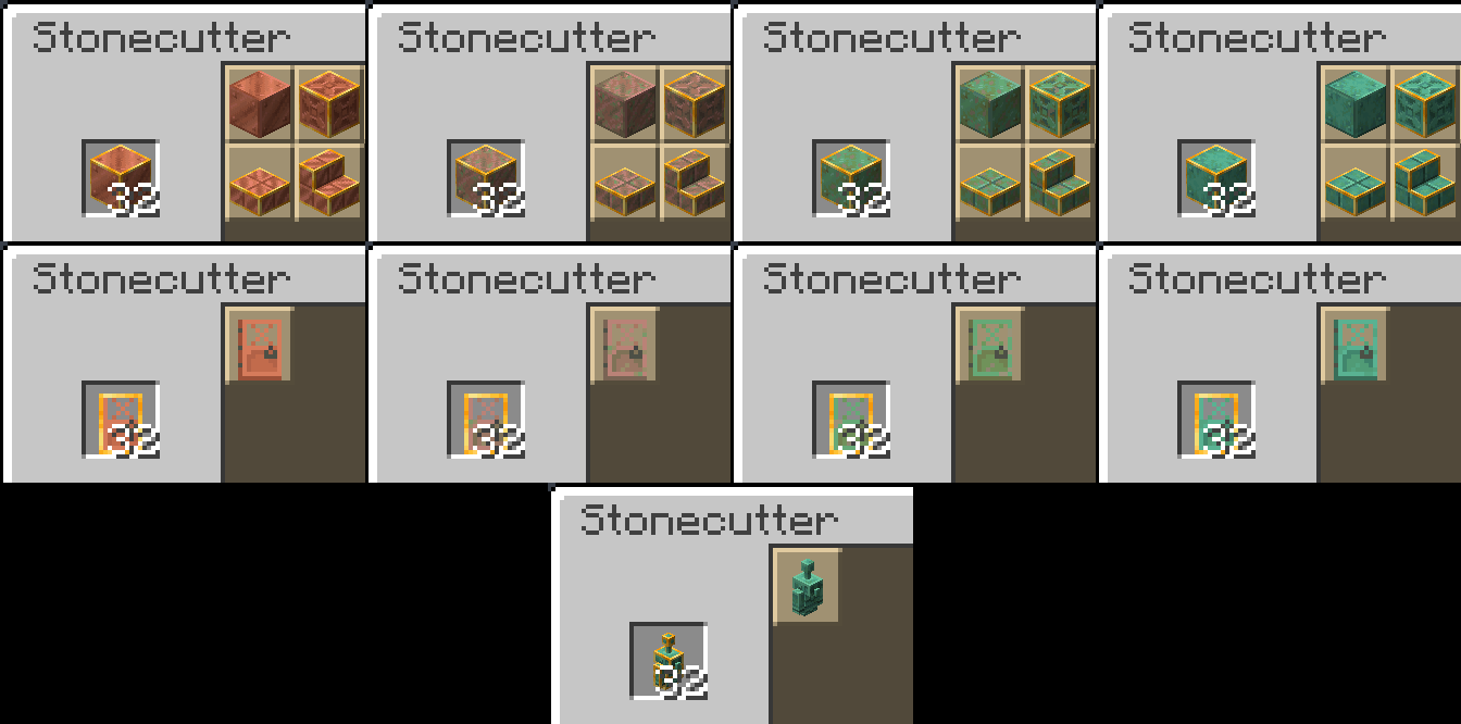 Shows different copper blocks being unwaxed from within the stonecutter, with a yellow outline around waxed items to help differenciate them (using Vanilla Tweaks's Visual Waxed Copper utility resourcepack)