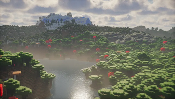 A Minecraft Dark Forest biome, with a tall, snowy mountain in the background.