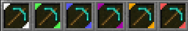 The player's hotbar, complete with Diamond Pickaxes of every possible rarity.