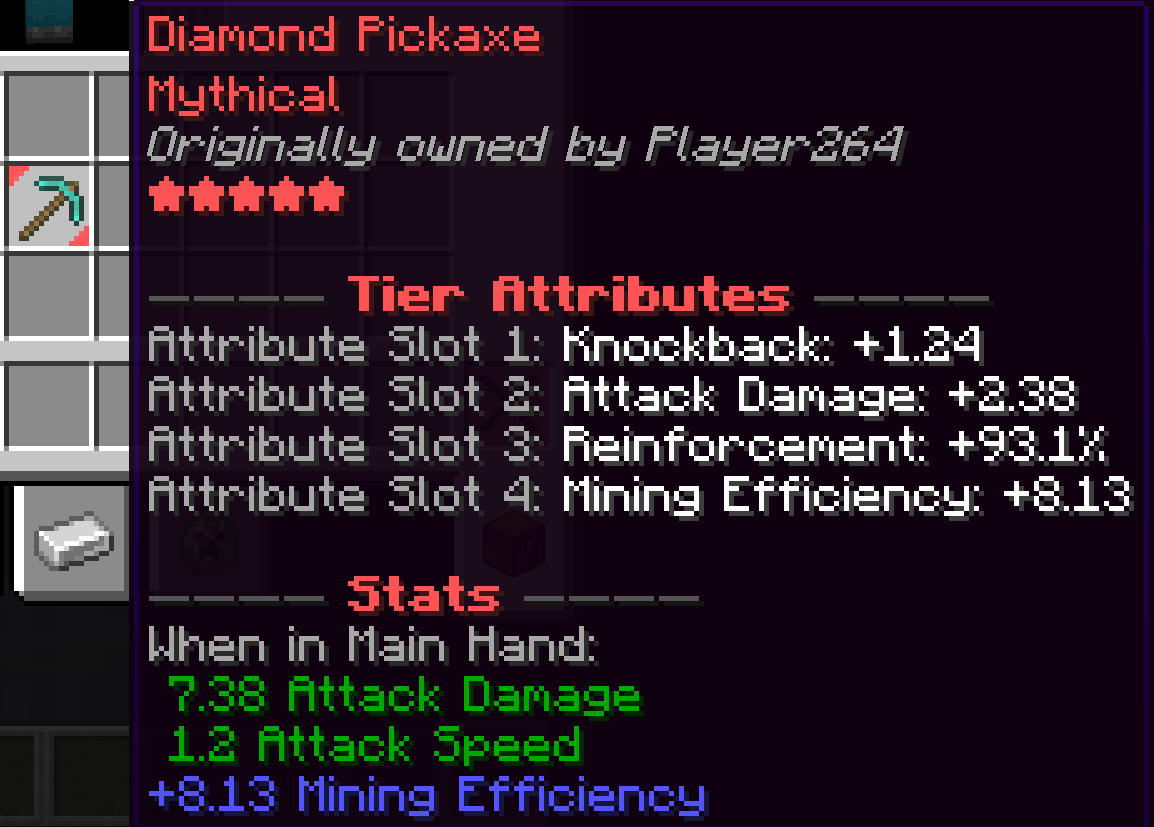 A showcase of how a Mythical Diamond Pickaxe appears in the player's inventory.